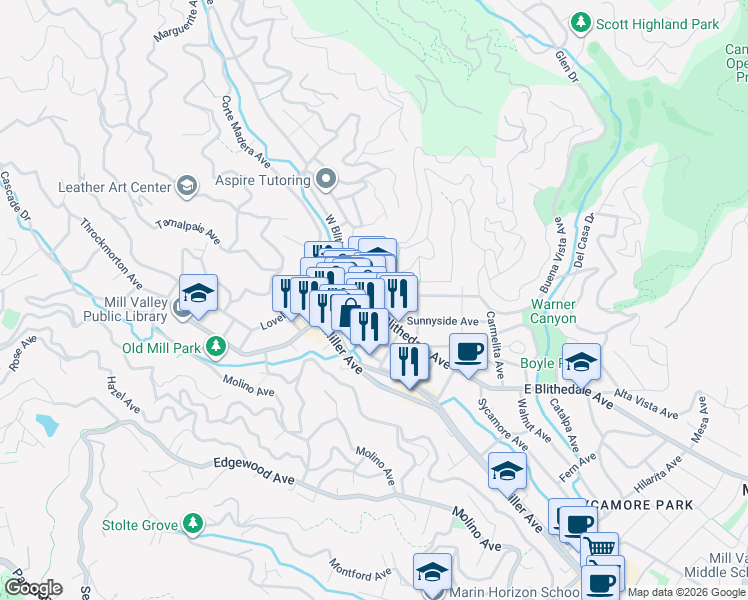 map of restaurants, bars, coffee shops, grocery stores, and more near in Mill Valley
