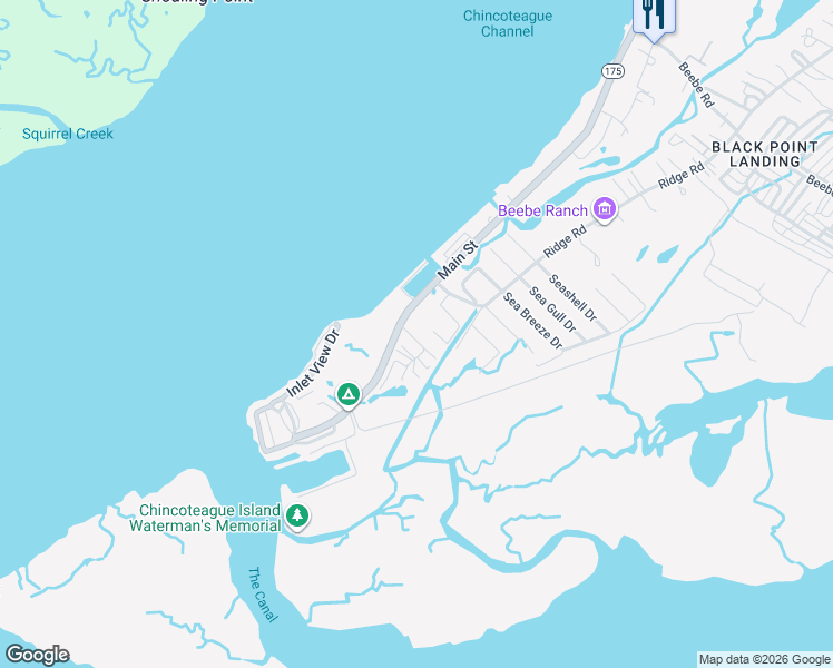 map of restaurants, bars, coffee shops, grocery stores, and more near 8277 Bay Front Lane in Chincoteague