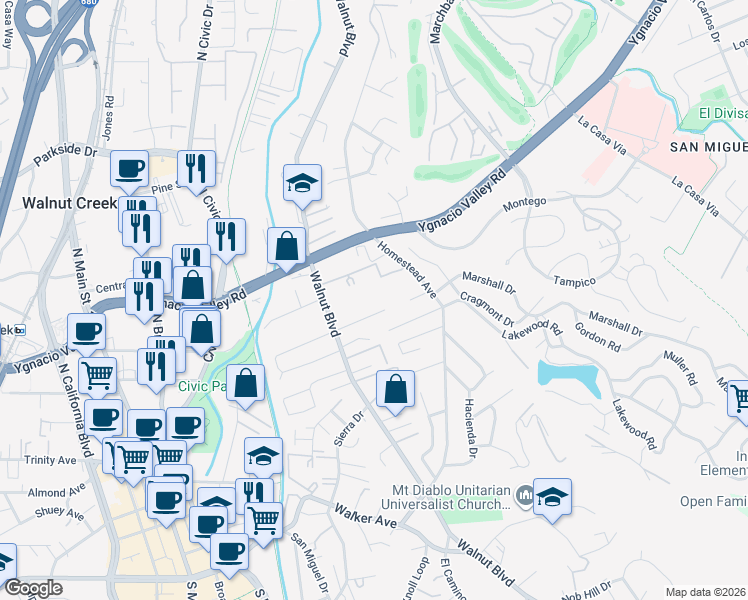 map of restaurants, bars, coffee shops, grocery stores, and more near 124 Camrose Place in Walnut Creek