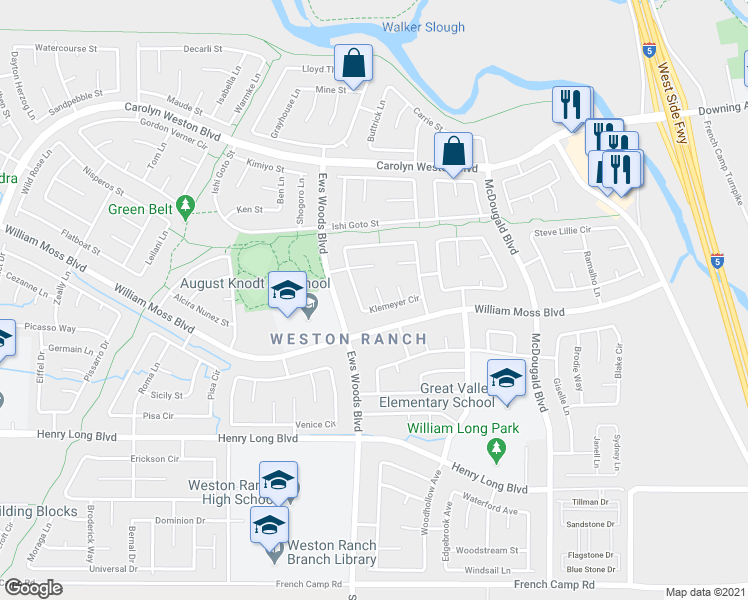 map of restaurants, bars, coffee shops, grocery stores, and more near 3871 Marnie Court in Stockton