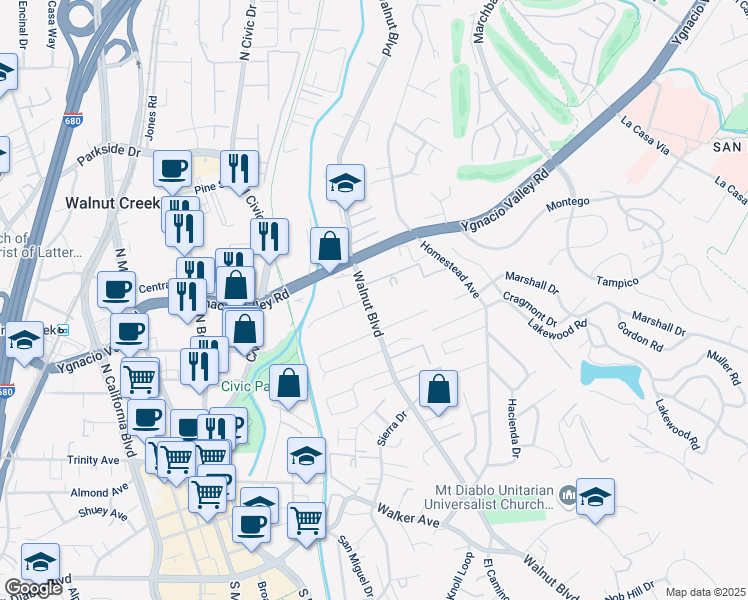 map of restaurants, bars, coffee shops, grocery stores, and more near 2570 Walnut Boulevard in Walnut Creek