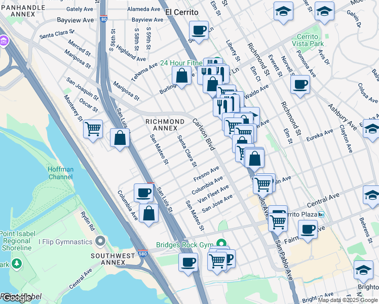 map of restaurants, bars, coffee shops, grocery stores, and more near 5801 Panama Avenue in Richmond