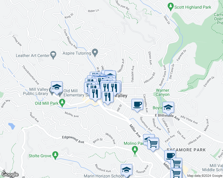 map of restaurants, bars, coffee shops, grocery stores, and more near 18 Buena Vista Avenue in Mill Valley