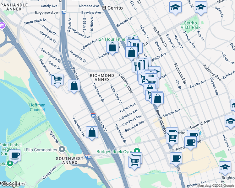 map of restaurants, bars, coffee shops, grocery stores, and more near 5801 Panama Avenue in Richmond