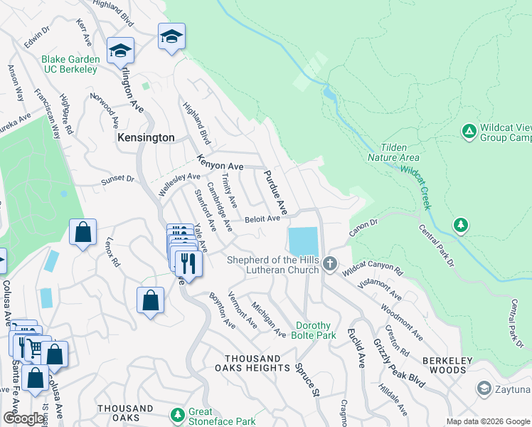 map of restaurants, bars, coffee shops, grocery stores, and more near 290 Colgate Avenue in Kensington