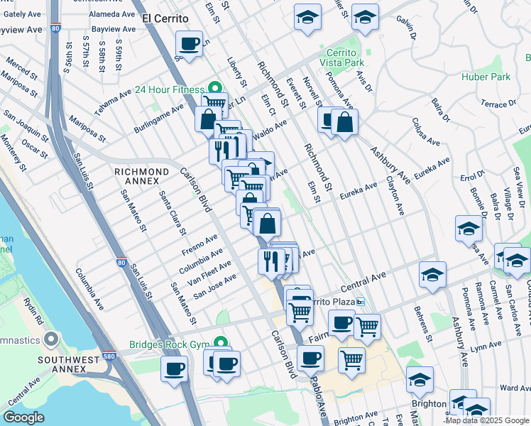 map of restaurants, bars, coffee shops, grocery stores, and more near 725 Kearney Street in El Cerrito