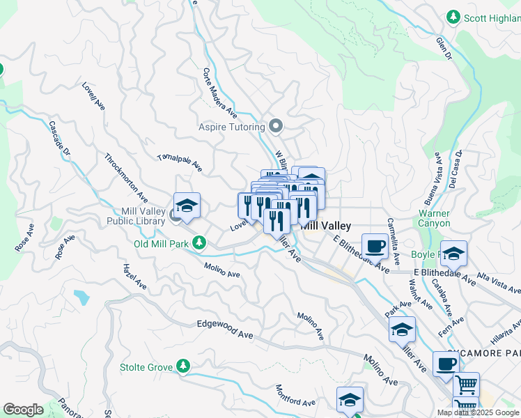 map of restaurants, bars, coffee shops, grocery stores, and more near Lovell Ave & Bernard St in Mill Valley