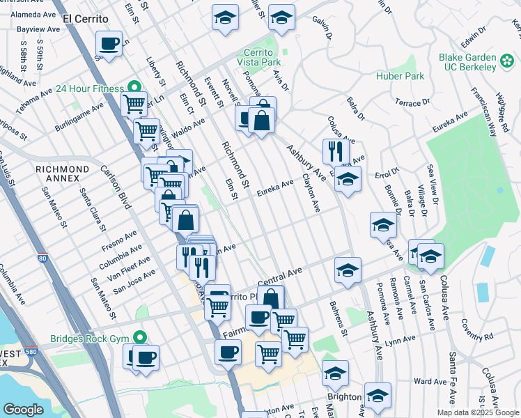 map of restaurants, bars, coffee shops, grocery stores, and more near 619 Everett Street in El Cerrito