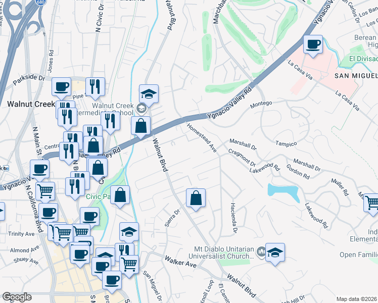 map of restaurants, bars, coffee shops, grocery stores, and more near 124 Camrose Place in Walnut Creek