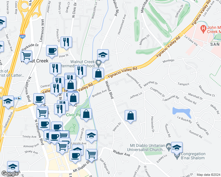 map of restaurants, bars, coffee shops, grocery stores, and more near 2570 Walnut Boulevard in Walnut Creek