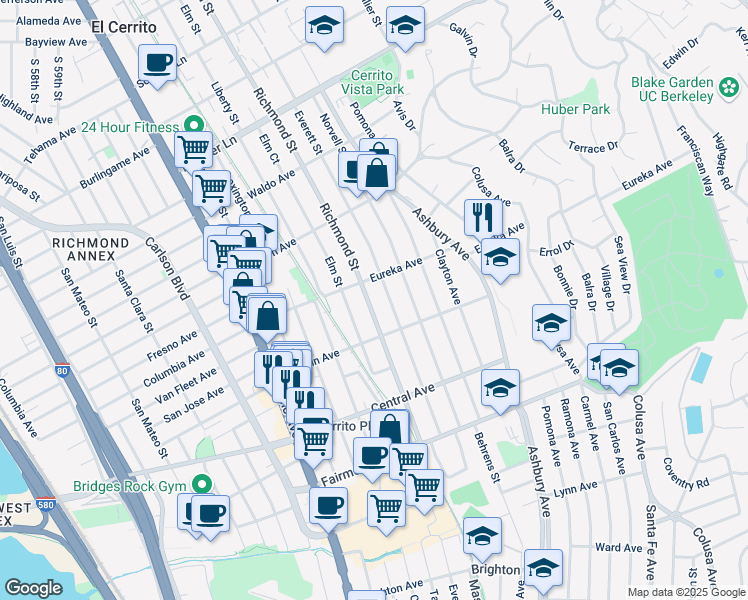 map of restaurants, bars, coffee shops, grocery stores, and more near 619 Everett Street in El Cerrito