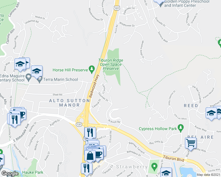 map of restaurants, bars, coffee shops, grocery stores, and more near 30 Central Drive in Mill Valley