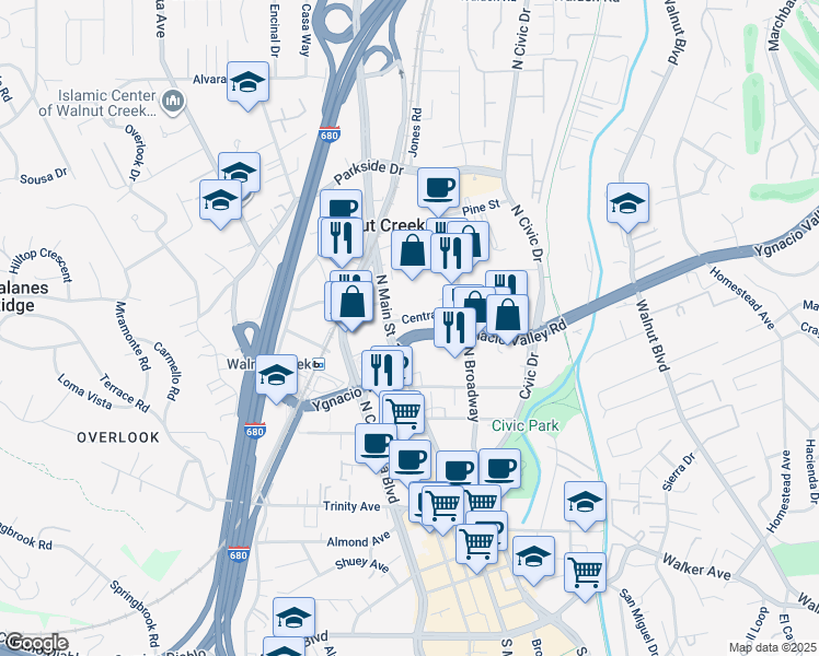 map of restaurants, bars, coffee shops, grocery stores, and more near 1980 North Main Street in Walnut Creek