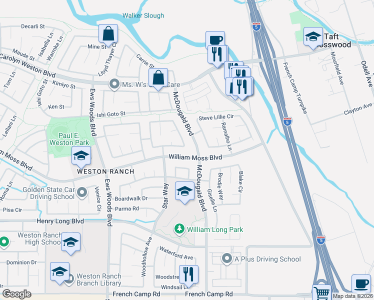 map of restaurants, bars, coffee shops, grocery stores, and more near 807 William Moss Boulevard in Stockton