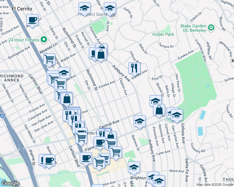 map of restaurants, bars, coffee shops, grocery stores, and more near 617 Albemarle Street in El Cerrito