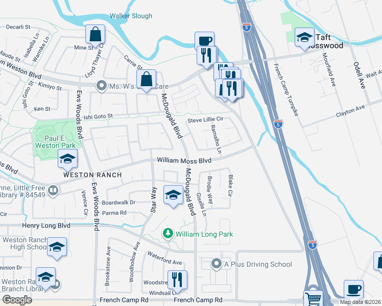 map of restaurants, bars, coffee shops, grocery stores, and more near 749 William Moss Boulevard in Stockton