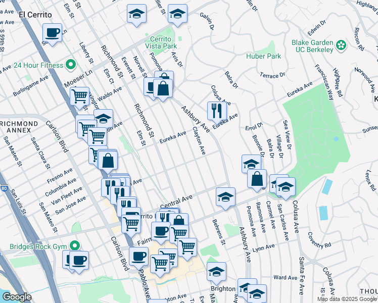 map of restaurants, bars, coffee shops, grocery stores, and more near 617 Albemarle Street in El Cerrito