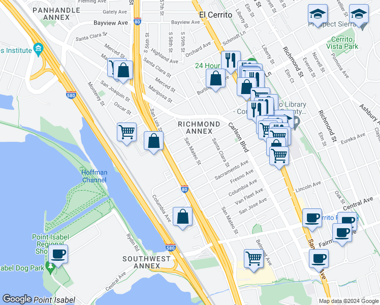 map of restaurants, bars, coffee shops, grocery stores, and more near 2121 San Mateo Street in Richmond
