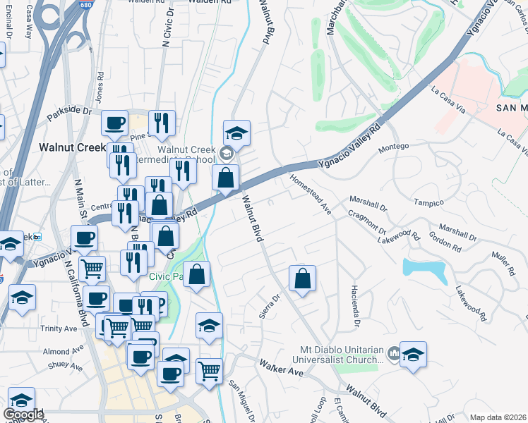 map of restaurants, bars, coffee shops, grocery stores, and more near 2570 Walnut Boulevard in Walnut Creek