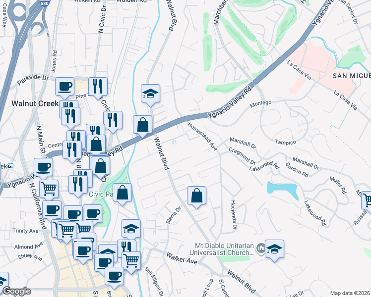 map of restaurants, bars, coffee shops, grocery stores, and more near 124 Camrose Place in Walnut Creek