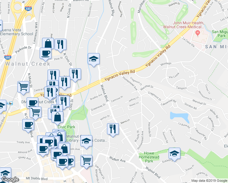 map of restaurants, bars, coffee shops, grocery stores, and more near 2570 Walnut Boulevard in Walnut Creek
