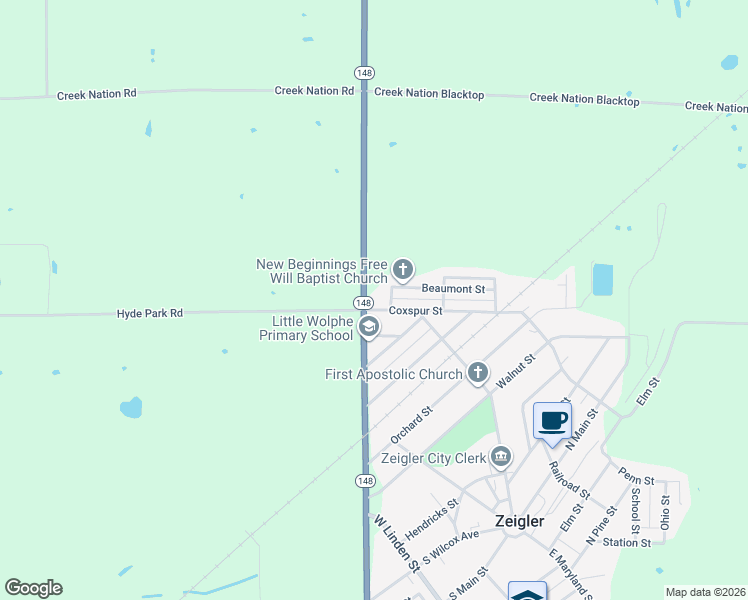 map of restaurants, bars, coffee shops, grocery stores, and more near 857-899 Coxspur St in Zeigler