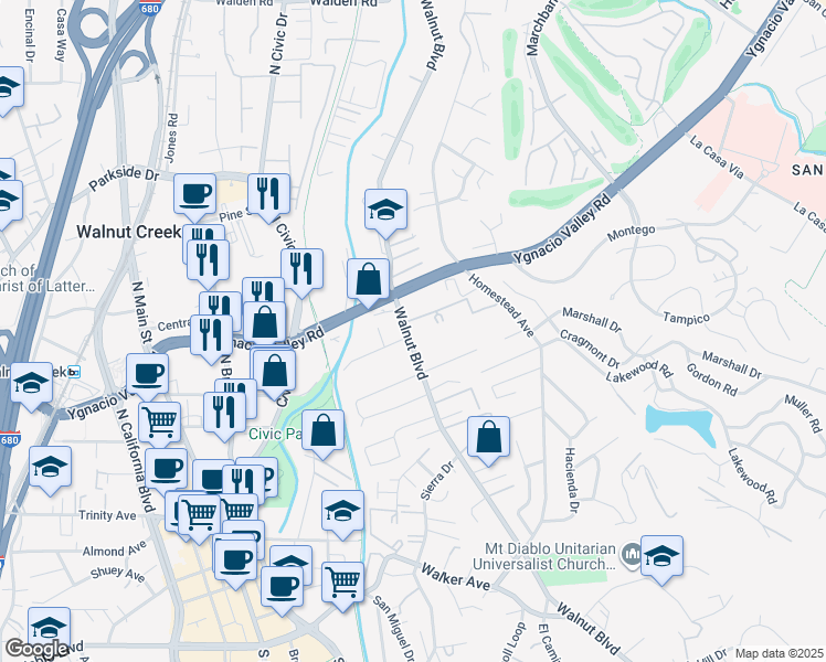 map of restaurants, bars, coffee shops, grocery stores, and more near 2560 Walnut Boulevard in Walnut Creek