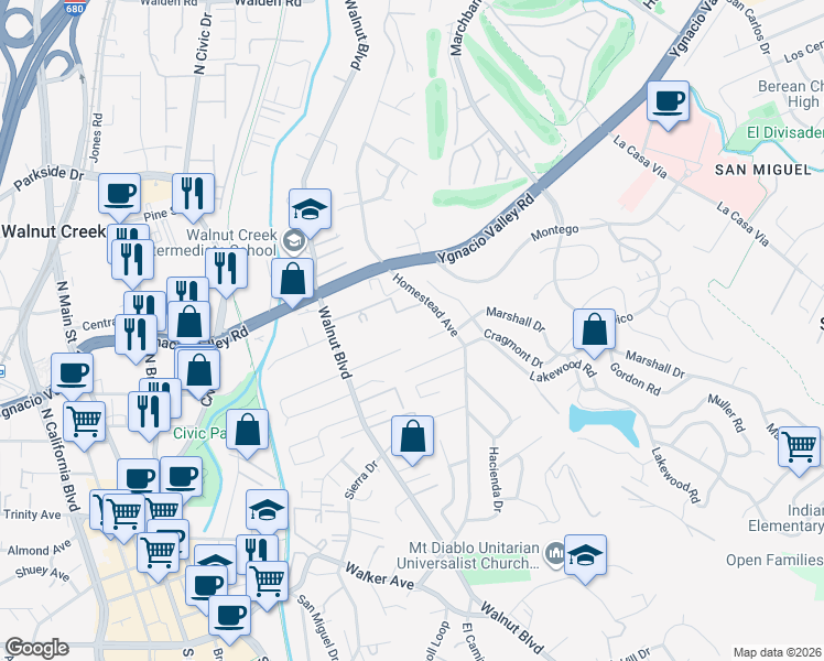 map of restaurants, bars, coffee shops, grocery stores, and more near 1075 Melissa Court in Walnut Creek