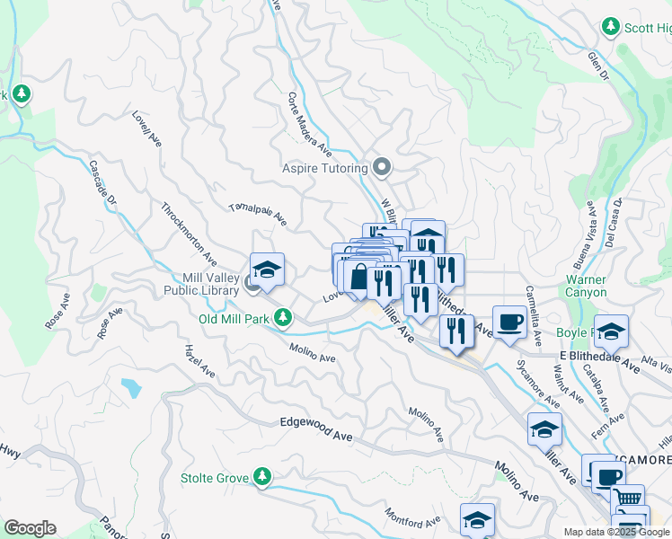 map of restaurants, bars, coffee shops, grocery stores, and more near 80 Summit Avenue in Mill Valley