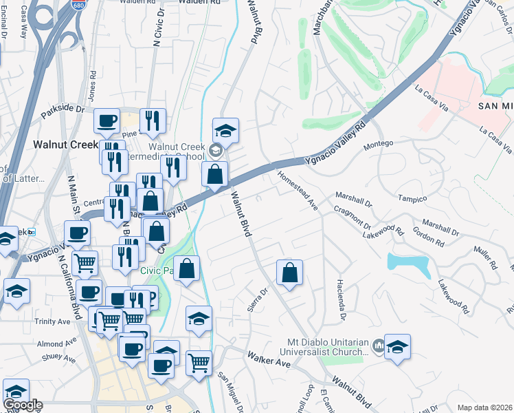 map of restaurants, bars, coffee shops, grocery stores, and more near 2562 Walnut Boulevard in Walnut Creek