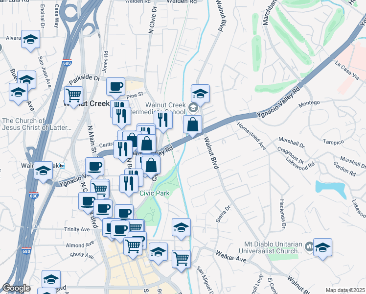 map of restaurants, bars, coffee shops, grocery stores, and more near 72 Bradley Avenue in Walnut Creek