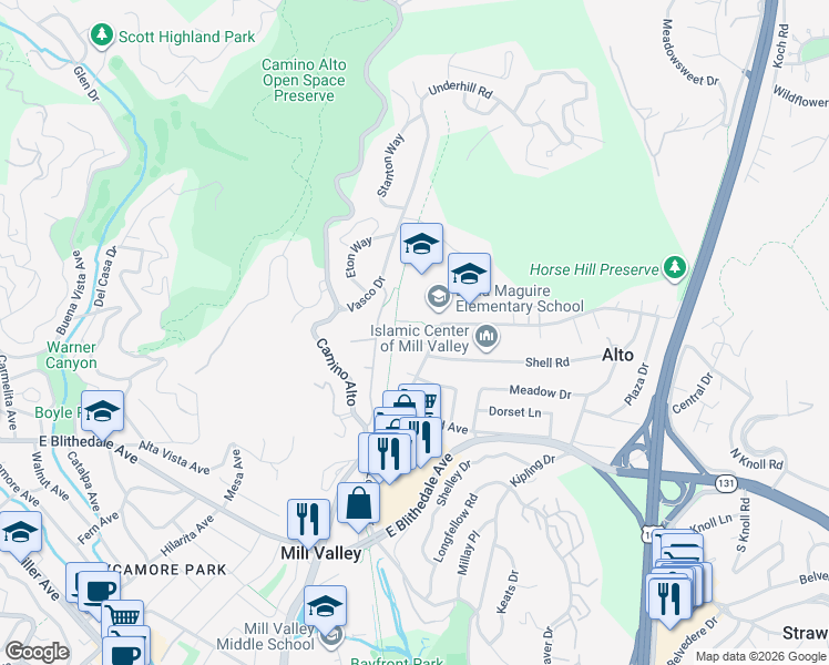 map of restaurants, bars, coffee shops, grocery stores, and more near 101 Lomita Drive in Mill Valley