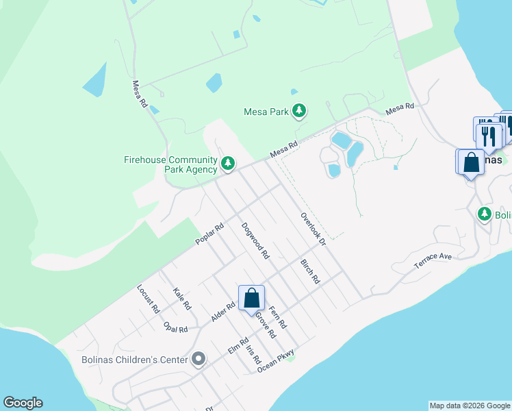 map of restaurants, bars, coffee shops, grocery stores, and more near 435 Birch Road in Bolinas