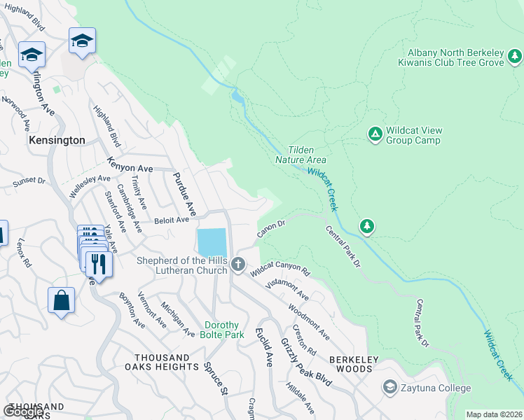 map of restaurants, bars, coffee shops, grocery stores, and more near 605 Plateau Drive in Kensington
