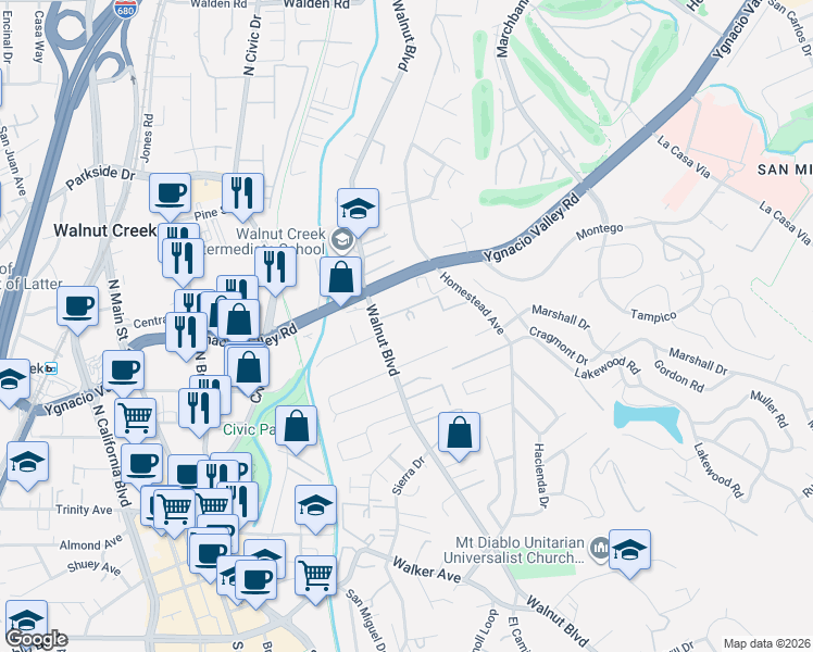 map of restaurants, bars, coffee shops, grocery stores, and more near 2570 Walnut Boulevard in Walnut Creek