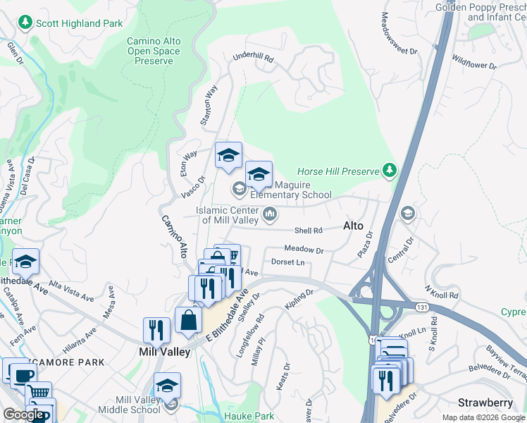 map of restaurants, bars, coffee shops, grocery stores, and more near 66 Shell Road in Mill Valley