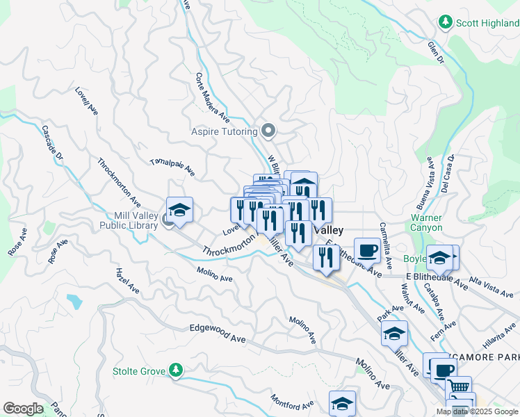 map of restaurants, bars, coffee shops, grocery stores, and more near 100 Throckmorton Avenue in Mill Valley