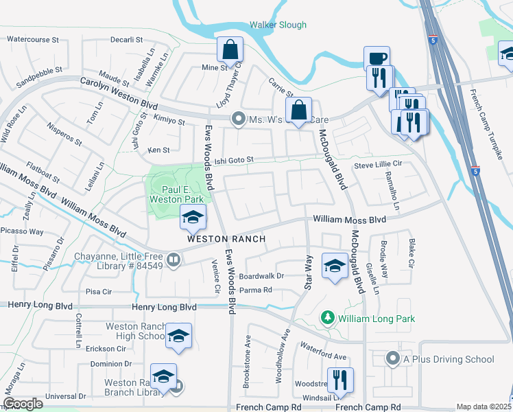 map of restaurants, bars, coffee shops, grocery stores, and more near 3839 Zitlau Court in Stockton