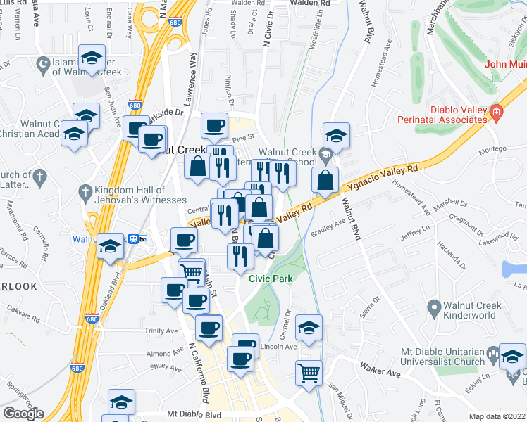 map of restaurants, bars, coffee shops, grocery stores, and more near 680 Ygnacio Valley Road in Walnut Creek