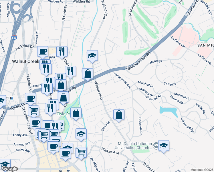map of restaurants, bars, coffee shops, grocery stores, and more near 2570 Walnut Boulevard in Walnut Creek
