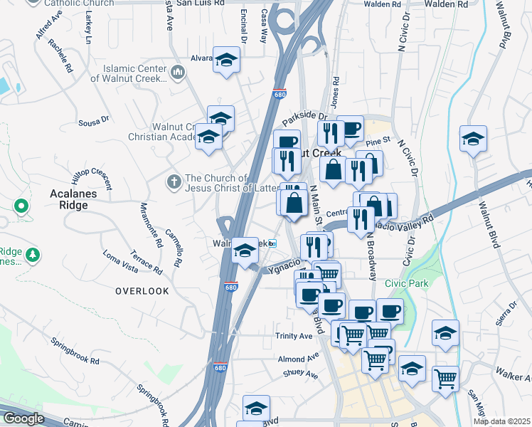 map of restaurants, bars, coffee shops, grocery stores, and more near 200 Ygnacio Valley Road in Walnut Creek