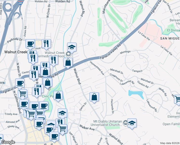 map of restaurants, bars, coffee shops, grocery stores, and more near 1251 Homestead Avenue in Walnut Creek