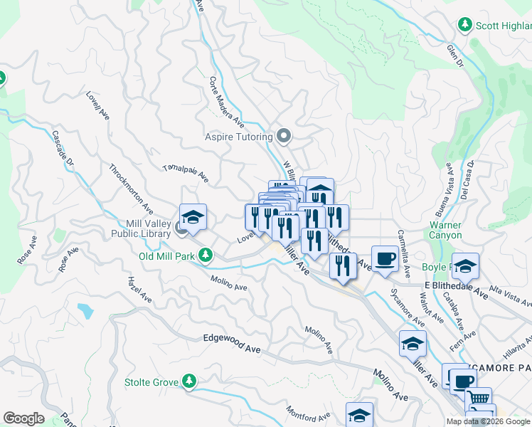 map of restaurants, bars, coffee shops, grocery stores, and more near 28 Bernard Street in Mill Valley