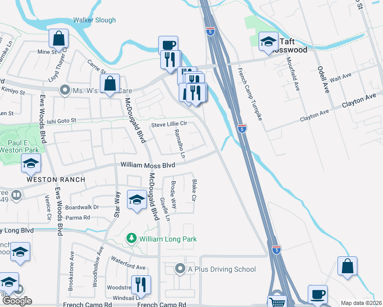 map of restaurants, bars, coffee shops, grocery stores, and more near 666 William Moss Boulevard in Stockton