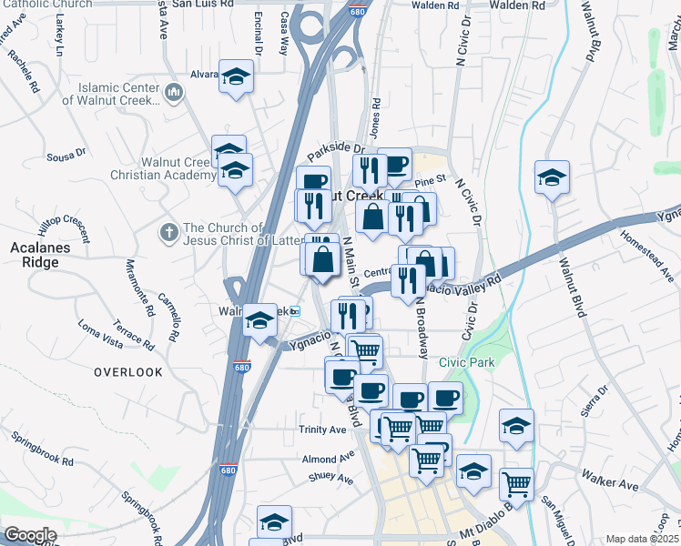 map of restaurants, bars, coffee shops, grocery stores, and more near 2033 North Main Street in Walnut Creek