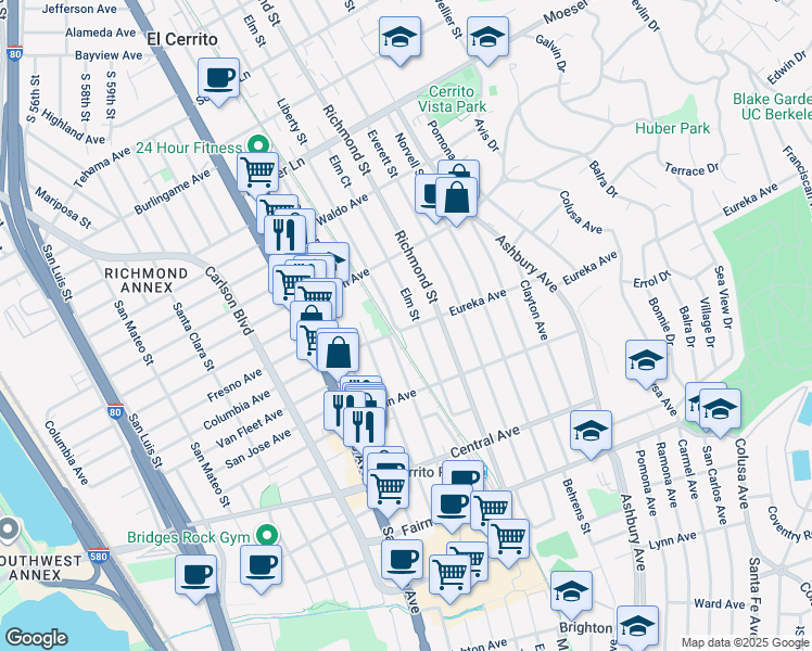map of restaurants, bars, coffee shops, grocery stores, and more near 6530 Eureka Avenue in El Cerrito