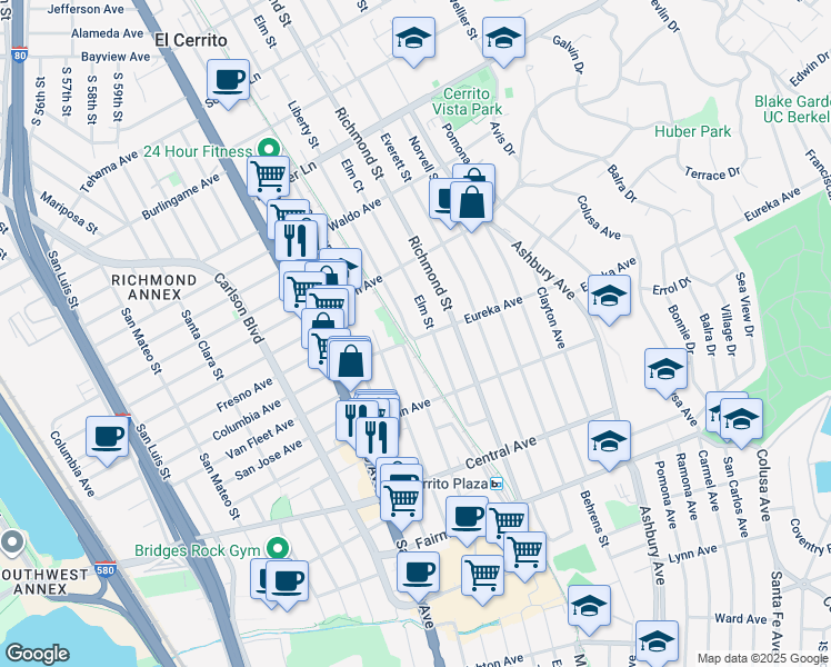 map of restaurants, bars, coffee shops, grocery stores, and more near 6530 Eureka Avenue in El Cerrito