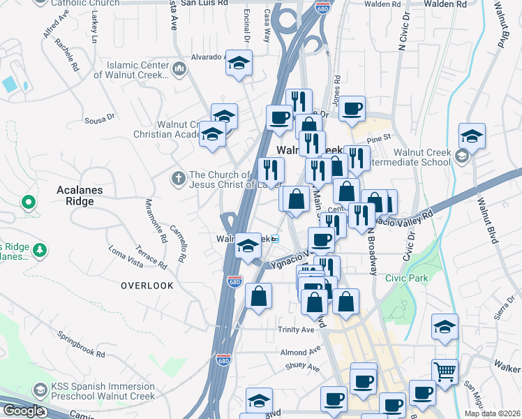 map of restaurants, bars, coffee shops, grocery stores, and more near 101 Pringle Avenue in Walnut Creek