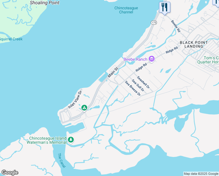 map of restaurants, bars, coffee shops, grocery stores, and more near 2410 Sea Bass Drive in Chincoteague Island