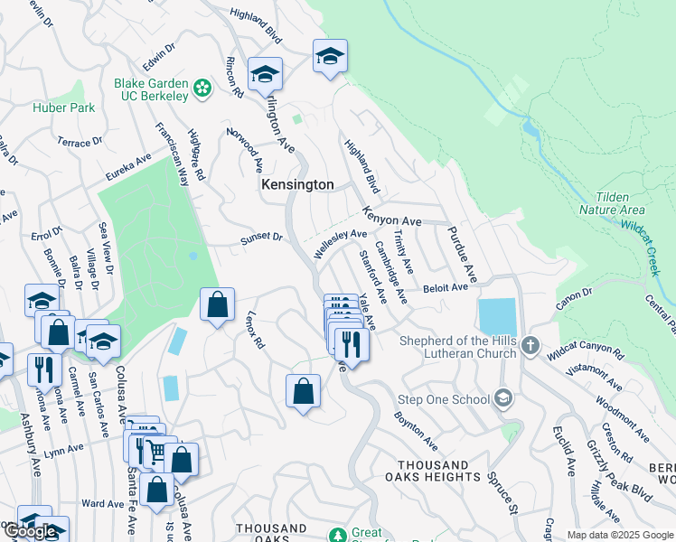 map of restaurants, bars, coffee shops, grocery stores, and more near 201 Amherst Avenue in Kensington